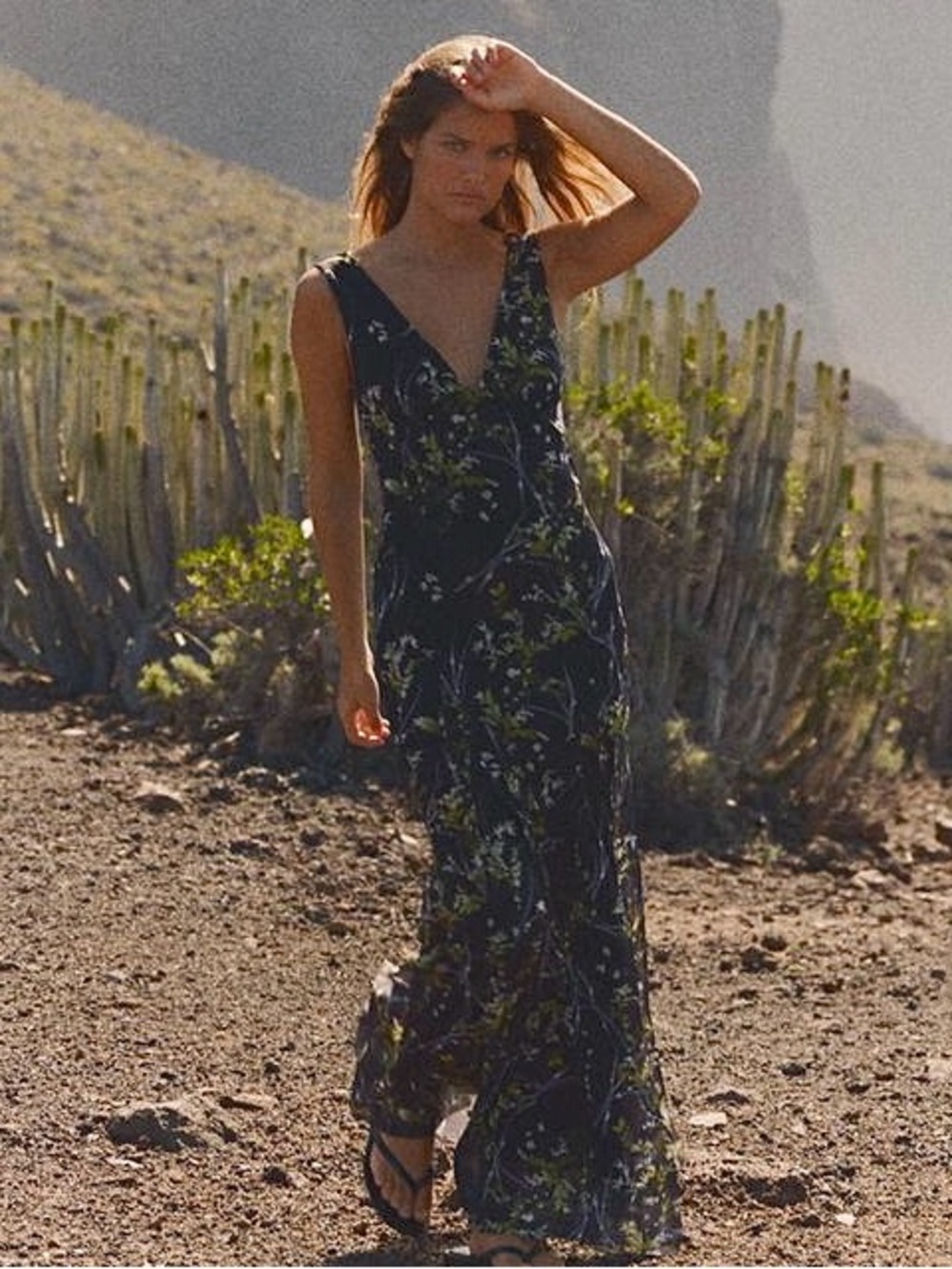 Zara Black Maxi Dress with Green Floral Print Size Medium